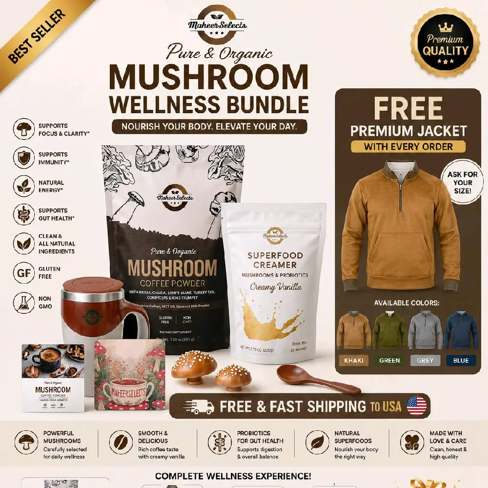 MaheerSelects Mushroom Coffee Powder Beverage with Beans - 30 Servings Real Coffee Superfood Creamer, Energy & Focus Support, Gut Health Premium US Edition Healthy Blend + 1 Free Jacket