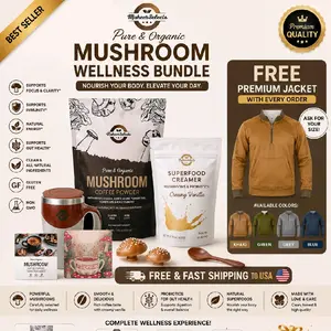 MaheerSelects Mushroom Coffee Powder Beverage with Beans - 30 Servings Real Coffee Superfood Creamer, Energy & Focus Support, Gut Health Premium US Edition Healthy Blend + 1 Free Jacket