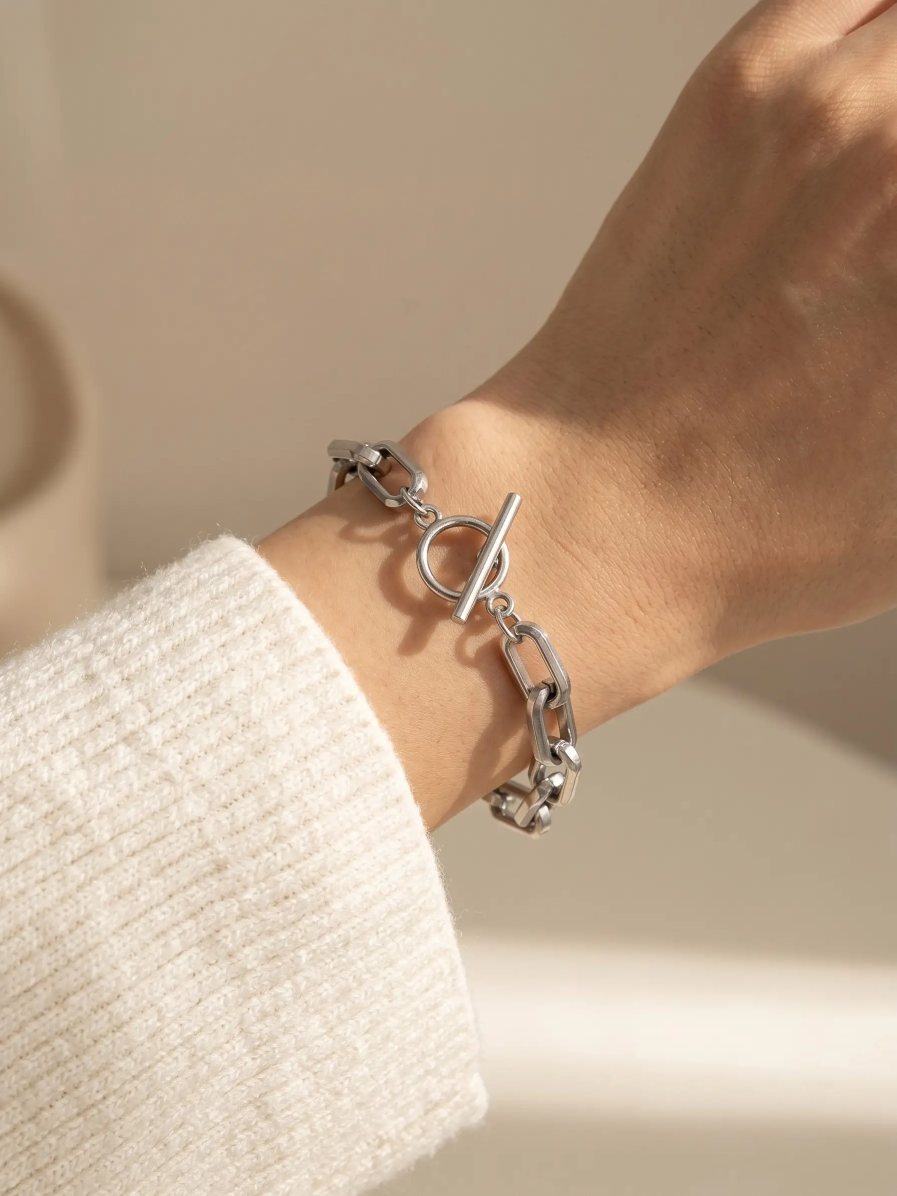 Stainless Steel Paperclip Chain OT Toggle Bracelet, Edgy Streetwear Style Bangle, Multi-Color & Size Options for Everyday & Stacking Wear