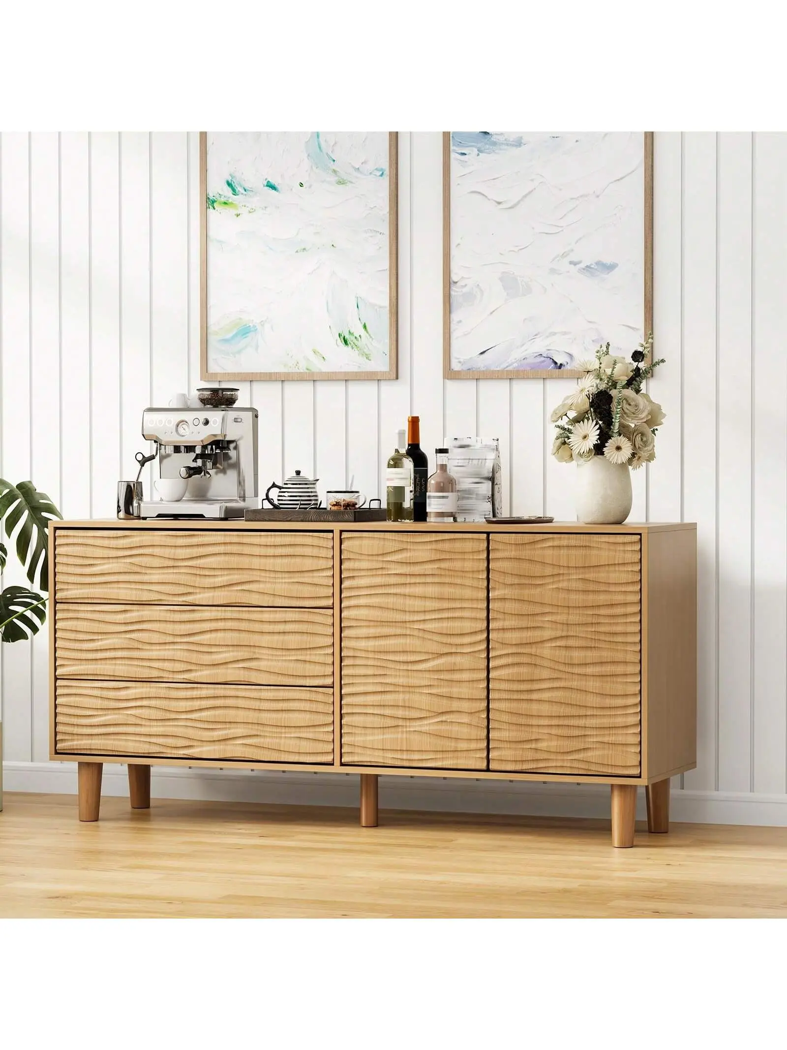 Gaomon Mid-Century Modern 61in Elegant Buffet Cabinet - Wood & Engineered Wood, Easy Assembly (Assembly Required), 3 Drawers, 2 Doors, Unique Undulating Grooves, Adjustable Shelves, Storage Sideboard for Dining Room, Kitchen, Unique Undulating Groove Patt