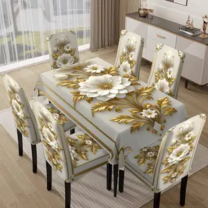 5/7 Piece Set Gorgeous Floral Print Chair Covers and Tablecloth Set, suitable for home, kitchen and dining room. It elegantly decorates tabletops and dining chairs, creating an exquisite dining atmosphere. Dining Chair Slipcover