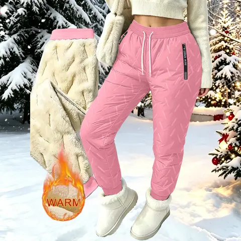 Women's Plain Fleece-Lined 100% Polyester Mid-Rise Thermal Winter Joggers with Pockets, Normal Type Warm Casual Lounge Pants, Casual Sportswear.