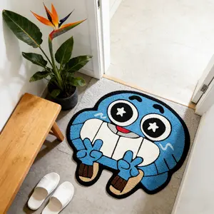 Funny Cartoon Blue Monster Entrance Rug, Cute Non-Slip Absorbent Door Mat, Fun Soft Decorative Plush Floor Mat for Hallway, Cartoon Pattern Rug