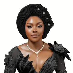 A Traditional African Muslim Gele Headwrap Featuring a Multi-Layered Patchwork Design, Perfect for Nigerian Weddings. It Is Lightweight, Non-Stretchy, And Fits Well, Making It Ideal for Everyday Use, Weddings, Tea Parties