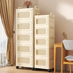 Foldable Storage Bin with Wheels & Magnetic Doors, 4/5/6 Tier Heavy Duty Stackable Storage Organizer, 23 QT Cabinet with Lid, Rolling Utility Organizer for Living Room, Bedroom, Kitchen, Dorm Room