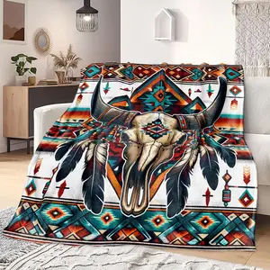 Western Cow Head Pattern Boho Blanket, 1 Count Soft Warm Throw Blanket, Air-conditioned Room Blanket, Travel & Camping Nap Blanket