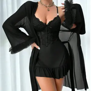RRJ 2pcs/set Women's 3D Floral Lace Fishbone Strapless Dress and Wide Sleeve Mesh Robe lingerie set Womenswear Sheer