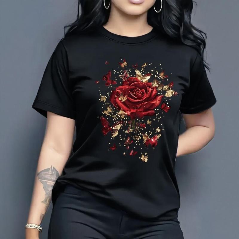 100% Cotton Women's Casual Short Sleeve Round Neck T-Shirt - Vibrant Purple Butterfly and Rose Pattern Print, Medium Stretch Machine Washable Top, Spring Summer Women's T-Shirt, Comfortable Fit Shirt