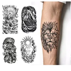 Black & Grey Half Sleeve Temporary Tattoos for Men, Realistic Lion Dragon Angel Waterproof Fake Arm Tattoo Stickers Long Lasting Body Art