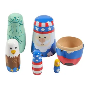 1" - 5" Patriotic Red, White & Blue Characters Wooden Nesting Dolls - 5 Pc.