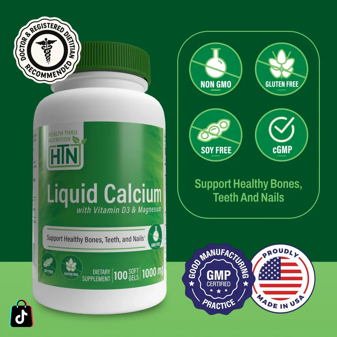 Health Thru Nutrition Liquid Calcium – with Magnesium & 1000 IU Vitamin D3 100 Softgels | Bone Strength & Absorption Support