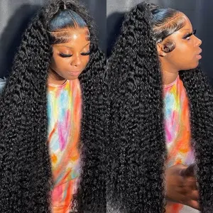 38 Inch Mega Length Deep Wave 13x6 13x4 HD Lace Frontal Human Hair Wig Pre-Plucked Brazilian Curly Human Hair for Women Invisible Melt Natural Black Luxury Deep Curly Vibes