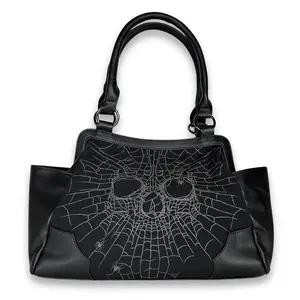 Spiderweb Skull Canvas Leatherette Shoulder Bag