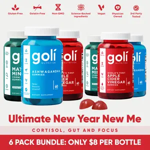 6 Bottles of Goli New Year New Me Bundle: Ashwagandha KSM-66 & Vitamin D2, Apple Cider Vinegar & Vitamin B12, Matcha Mind & Cognizin Edible Supplement