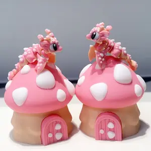 Cute Mushroom House & Dragon Model Plastic Figurine, Desktop Decoration Sculpture, Holiday Gift, Adorable Home Ornament
