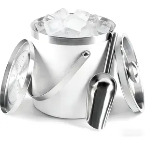 3L Double-Wall Insulated Stainless Steel White Ice Bucket with Scoop for  Bar - Metal Ice Bucket for Freezer with Lid for Parties,Camping,and !Champagne Bucket,bar cart Accessories