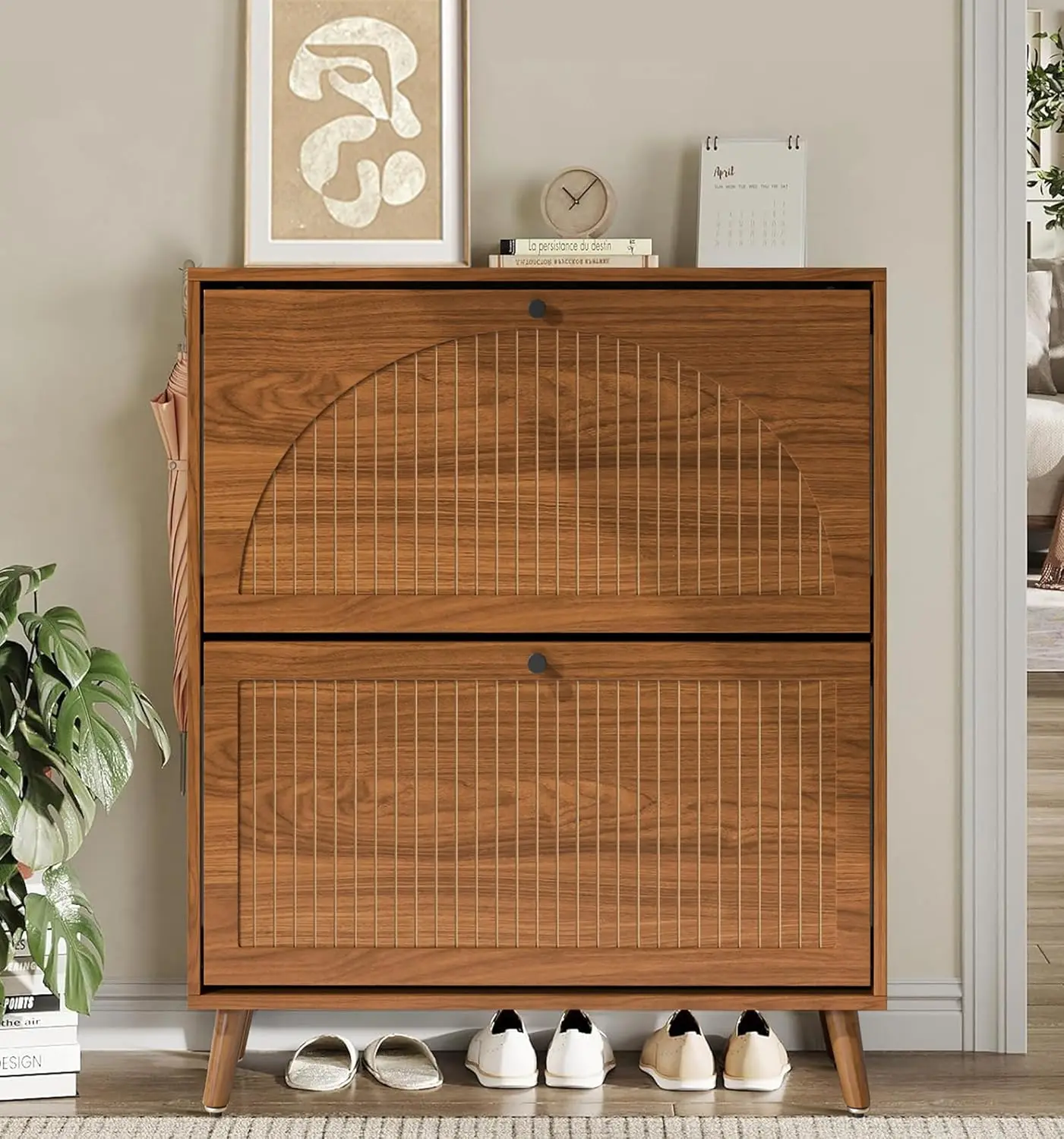 Shoe Storage Cabinet for Entryway with 2 Flip Drawers, Narrow Wood Shoe Cabinet with Fluted Panel, Freestanding Hidden Shoe Organizer for Foyer, Hallway