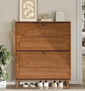 Shoe Storage Cabinet for Entryway with 2 Flip Drawers, Narrow Wood Shoe Cabinet with Fluted Panel, Freestanding Hidden Shoe Organizer for Foyer, Hallway