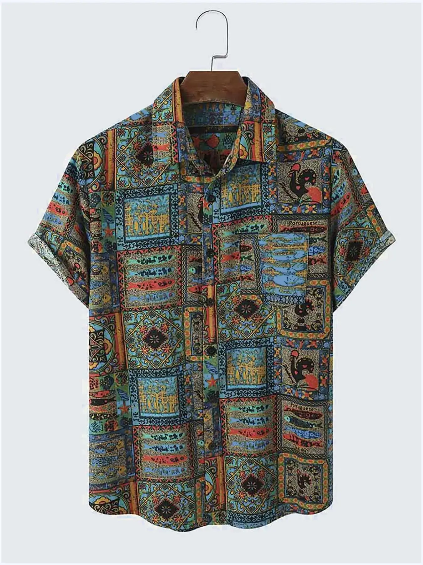 Men's Ethnic Pattern Boho Nostalgia Shirt, Vintage Western Collared Button Front Short Sleeve Shirt, Streetwear, Men's Top for Summer Beach Vacation