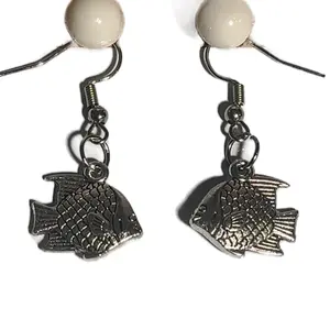 Fish Earrings with White Bead - Simple Design Featuring Fish Charms