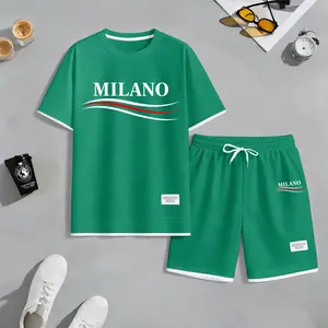 Men's Milano Color Scheme Print 2-Piece Drawstring Set - Short-Sleeved Shirt & Bottoms, Spring/Summer Casual Outfit, Suitable for Everyday Wear & Sports, Relaxed Energetic Lifestyle Menswear Clothing Set