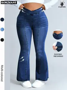 Women's Plus Size Curvy Stretch Micro Flare Denim Jeans, High Waist Butt Lifting, Cross Waistband Comfortable, Vintage Washed Blue, Casual Long Pants