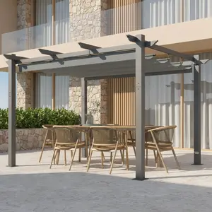 10' x 12' Outdoor Pergola with Retractable Canopy, Heavy-Duty Metal Frame and Adjustable Patio Shade Roof, Gray/Khaki