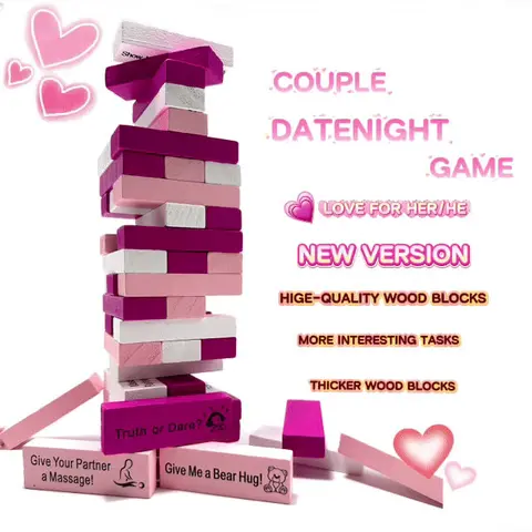Valentine Theme Letter-Printed Wooden Stacking Blocks Tumbling Tower Game - 54 x Building Blocks in Pink Bag, 1 x Gift Box, Unisex Date Night Home & Festive Party Supplies, Creative Gift