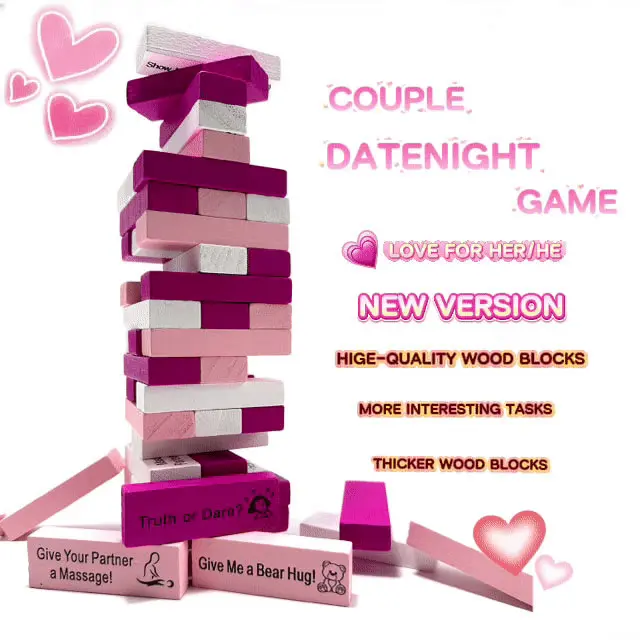 54 Pcs Super Naughty Block Tower Game, Valentine Tumbling Wooden Tower Stacking Blocks, Date Night Games & Fun Couple Activities, Stacking Wooden Block Game for Lover