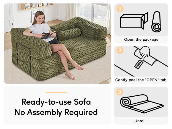 【Ships in 2 Boxes】 AMERLIFE Foldable Sofa Bed, Convertible Floor Sofa with Plush Faux Fur, No Assembly Mattress Couch for Living Room, Apartment, Bedroom