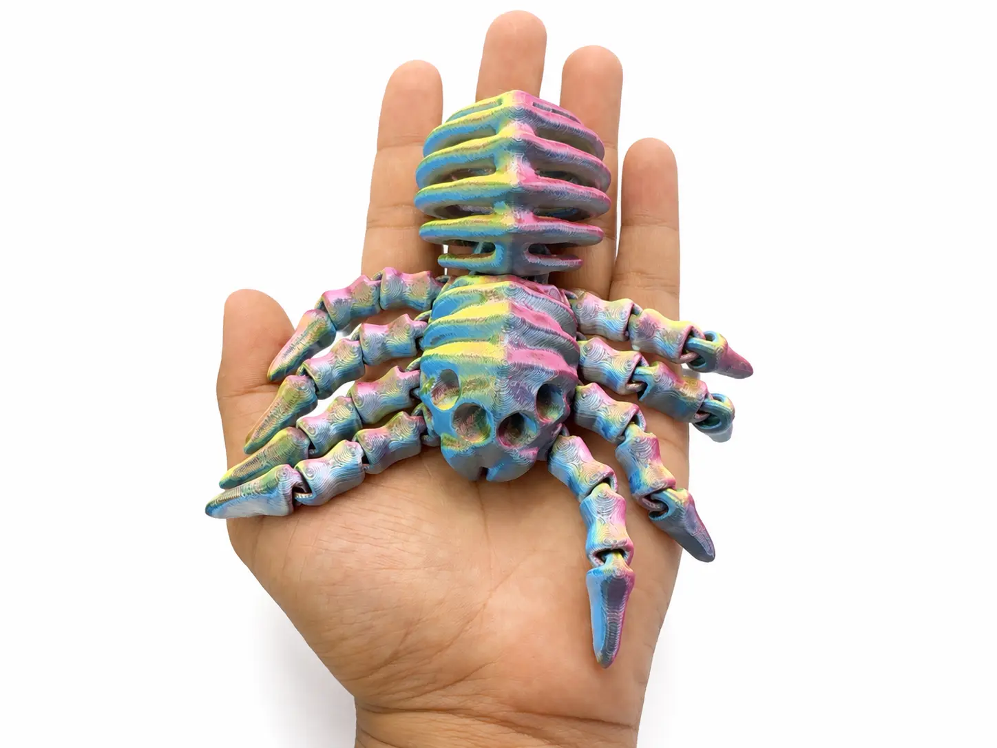 Rainbow Articulated Skeleton Hand Spider – 3D Printed Fidget Toy, Halloween Desk Decor & Collectible