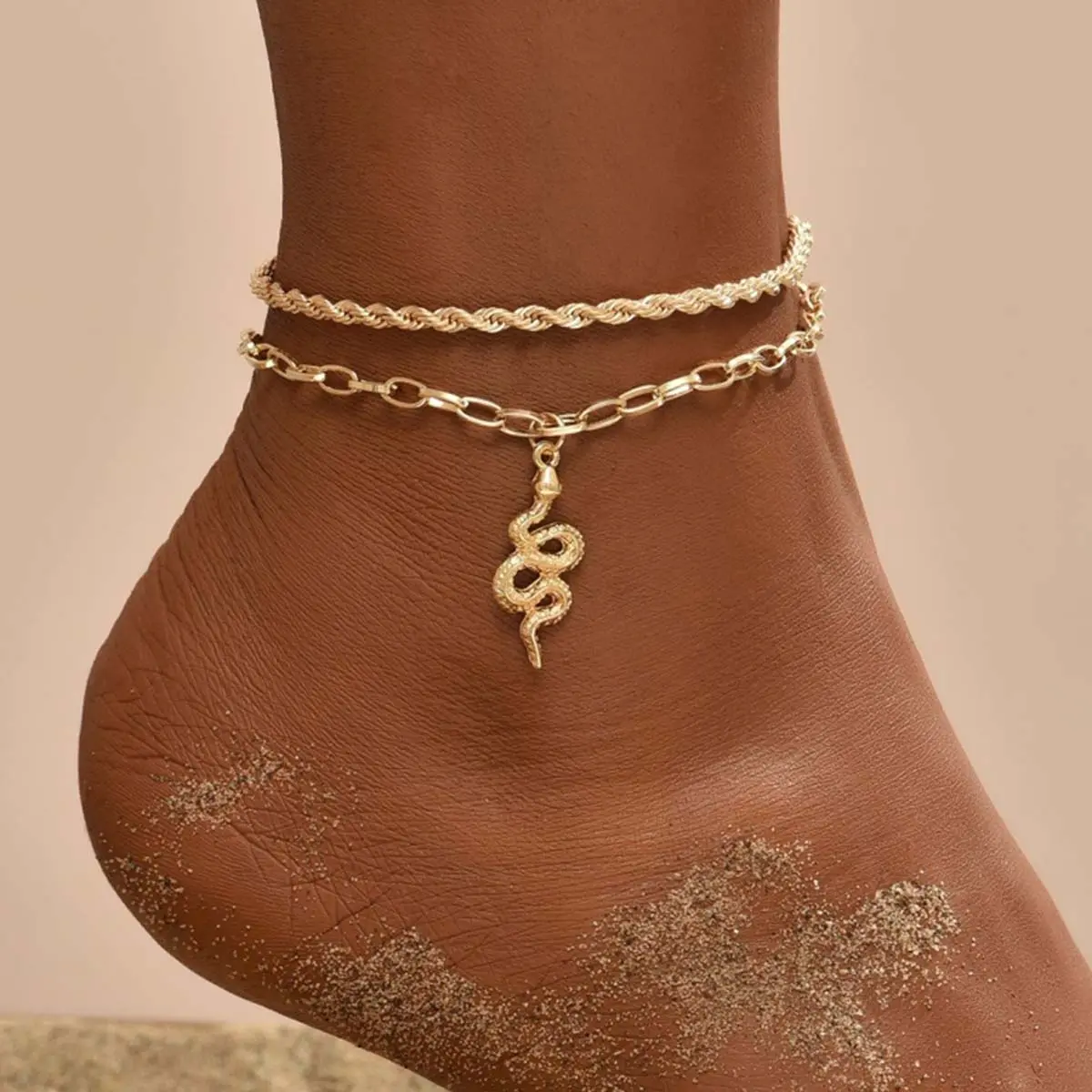 Women's Anklet, Gold Plated Double-Layer Retro Twisted Chain with Snake Pendant and Gemstone, Beach Style Jewelry, Gold Plated Jewelry