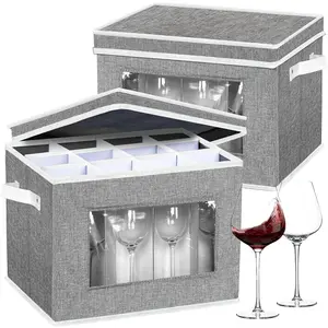 2 Pack Stemware Storage Cases,  Glass Storage Box with Dividers,   Glass Storage Containers Organizer for 24 Glassware Moving and Protection (Grey)