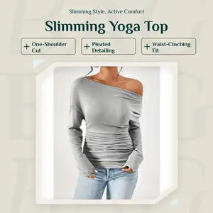 activewear Women's One Shoulder Long Sleeve Yoga Sports Top Pleated Design Gym Clothing Long-sleeve Waist-cinching Slimming Top for Spring Athletic Outfits Ash Gray Hoodie