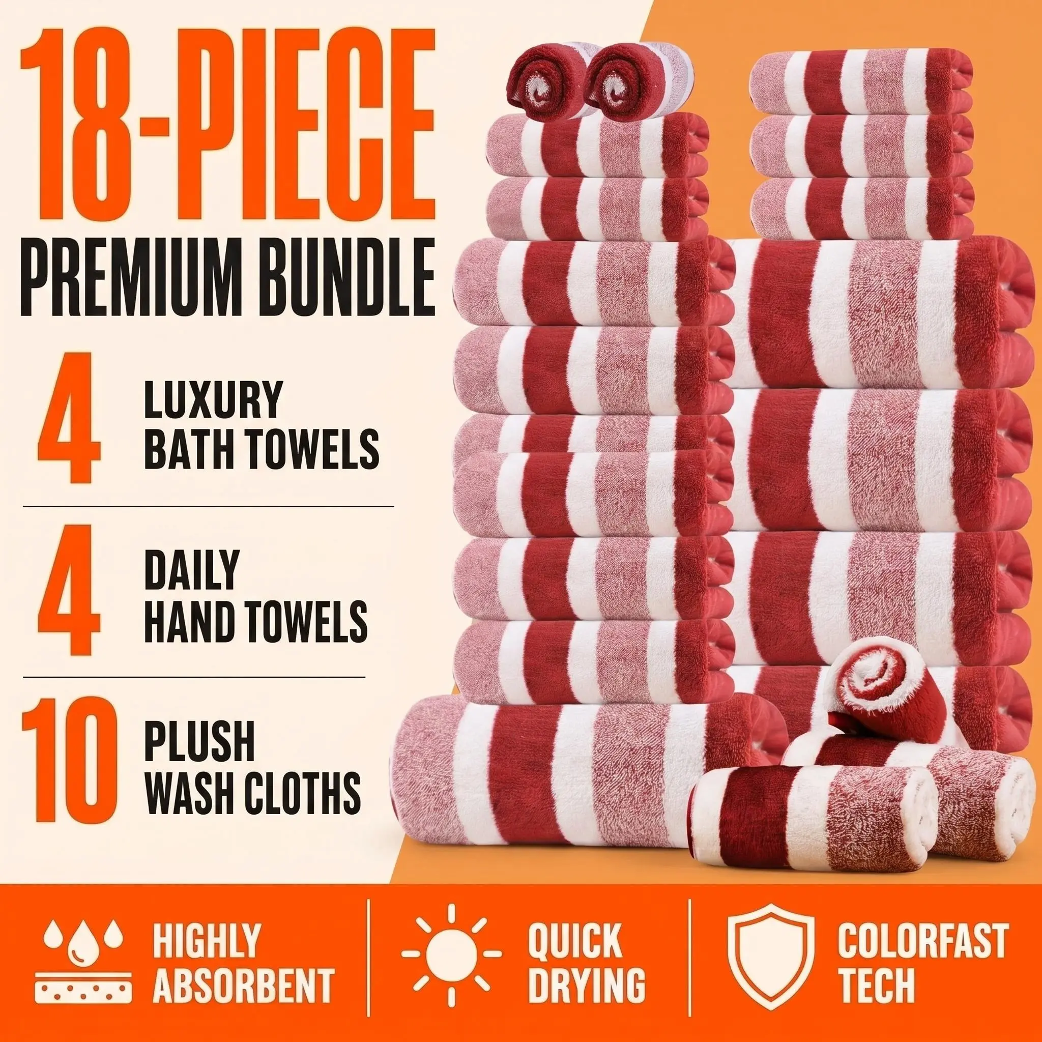 18pcs Luxury Bath Towels Set - Quick-Dry Highly Absorbent Plush Soft Coral Fleece-like Texture, Multi-Size Family Bathroom Towels with Hanging Loops (30x30cm, 70x140cm) for Home, Hotel & Spa - Navy & Striped Design, Durable & Space-Saving Storage