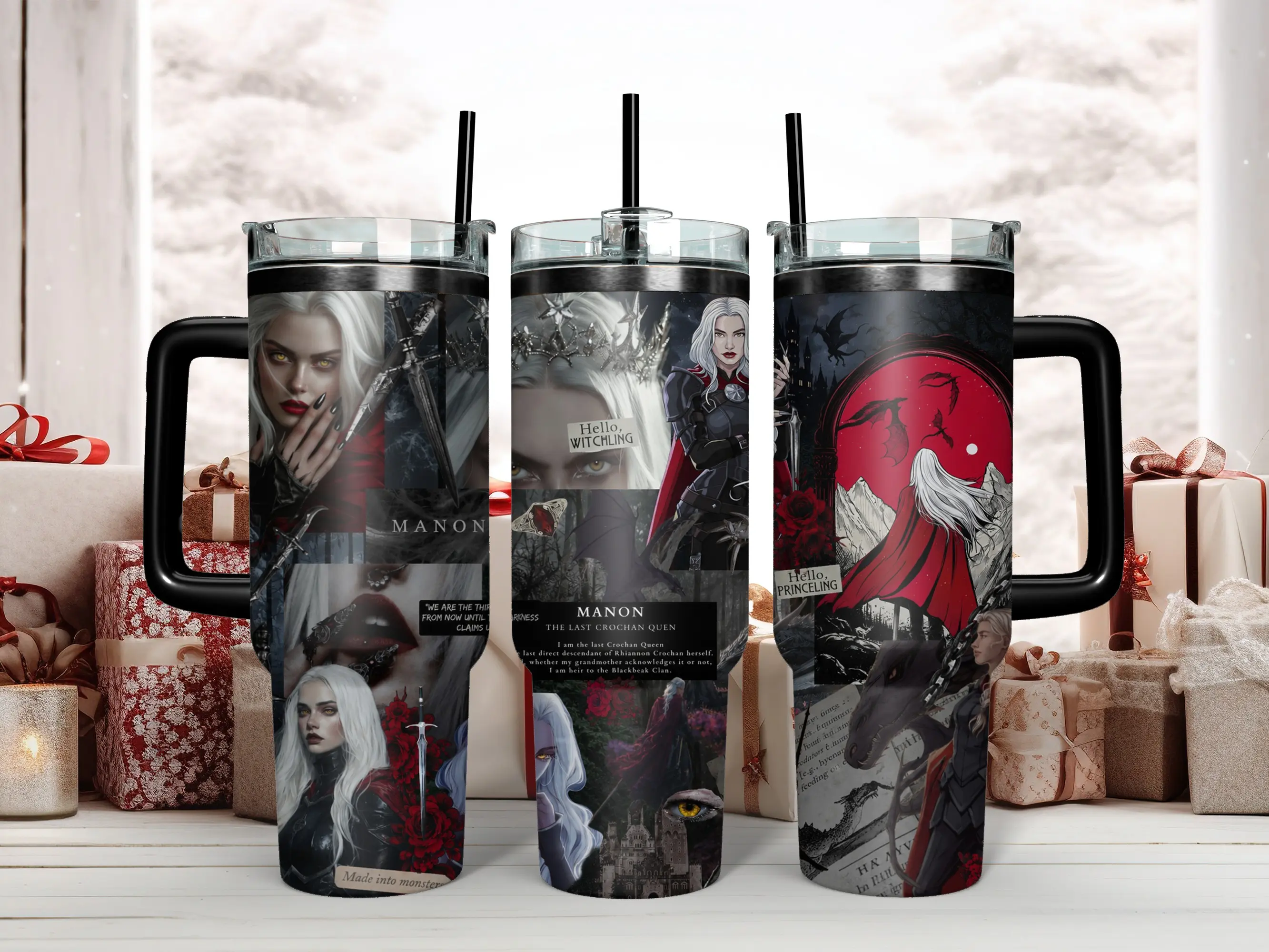 40oz Insulated BPA-Free Stainless Steel Tumbler (1,000-2,000 ml) - Handle, Straw & Lid for Ease of Use, All-Day Performance, Sarah J. Maas Throne of Glass Manon Blackbeak Art, Bookish Gift for SJM Fantasy Fans