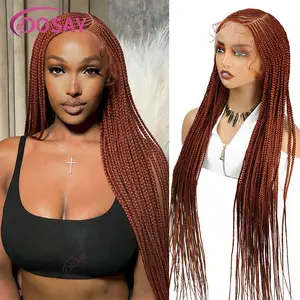 36'' Synthetic Full Lace Faux Locs Braided Wigs Ginger Brown Handmade Cornrow Braiding Wig Lace Front Knotless Box Braids Wig for Black Women Cosplay Cornrow Braid Hair