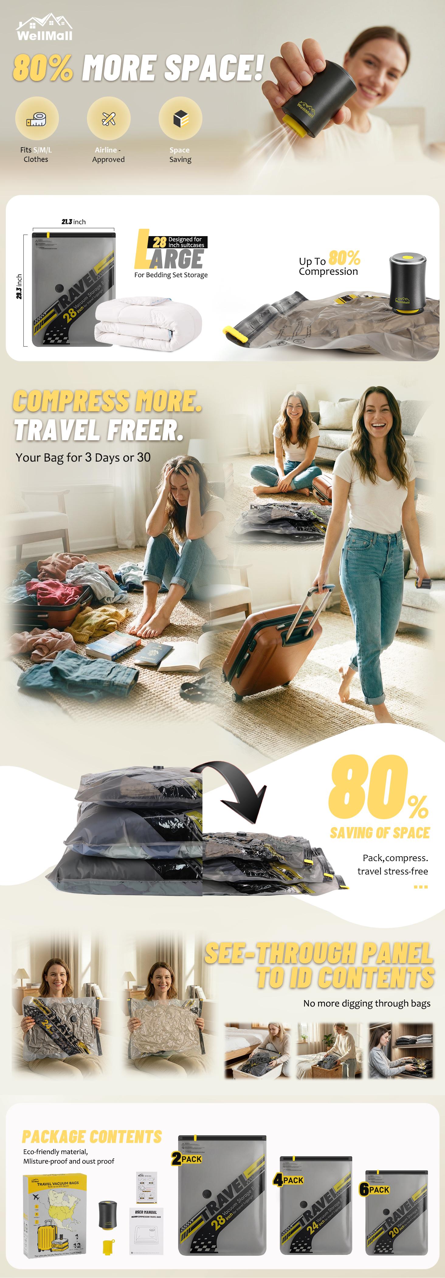 WellMall 18 Pack Travel Vacuum Bags with Pump,Vacuum Seal Bags for Clothing Travel, Space Saver vacuum storage bags for Clothes, Blankets & Luggage Organization