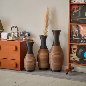 Set of 3 Grey Brown Beige Striped Hand‑Woven PVC Rattan Floor Vases, 19.69‑27.56 Inch Graduated Farmhouse Boho Decor Vases for Living Room Entryway Home Styling