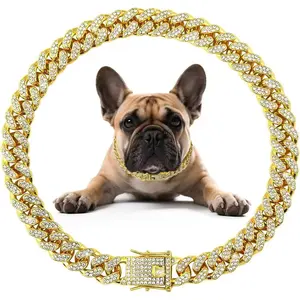 Dog Chain Diamond Collar Walking Metal Chain Necklace with Secure Buckle Pet Cuban Style Collar Jewelry Accessories for Small Medium Large Dog Cats