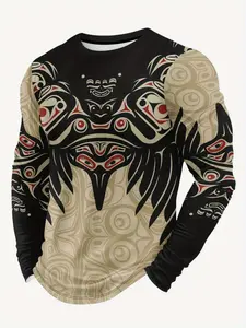 Men's Long Sleeve Casual Sporty Round Neck Fitted Top, Vintage Ethnic Cultural Pattern, Comfortable Elastic Knit Fabric, Spring & Fall Wear
