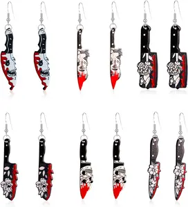 6 Pairs Punk  Dagger Drop Dangle Earring Set Gothic  Printed  Earring for Women Girl Teen  Hop Halloween Party  With Box