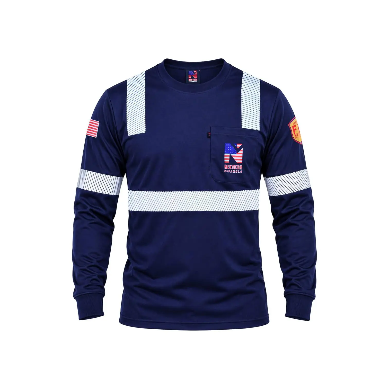 High Visibility FR Cotton Long Sleeve Navy Blue T-Shirt with Reflective Strips & Chest Pocket Logo Flame Resistant Workwear