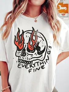 Letter Skull Print T-Shirt, Vintage Hippie Rock Short-Sleeve Top, Loose Women'S Wear for Spring And Summer T