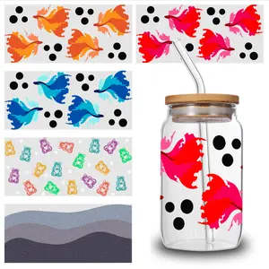 5 Sheets Fish Pattern UV DTF Stickers Peony Designs Transfer Sticker Decals Plastic Self-Adhesive Labels Design Faithful Messages