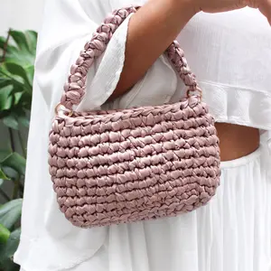 Dusty Pink Handmade Crochet Purse , Crochet rectangular bag with top handle and chain