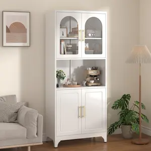 75" Tall Adjustable Metal Kitchen Pantry  | Glass Doors & Adjustable Shelves, Freestanding Storage Hutch, Dual-Color Options, leo skepi Furniture Particle Board, Small Makeup Vanity Desk Waterfall Edge Shaker  wine cabinet kitchen pantry cabinet