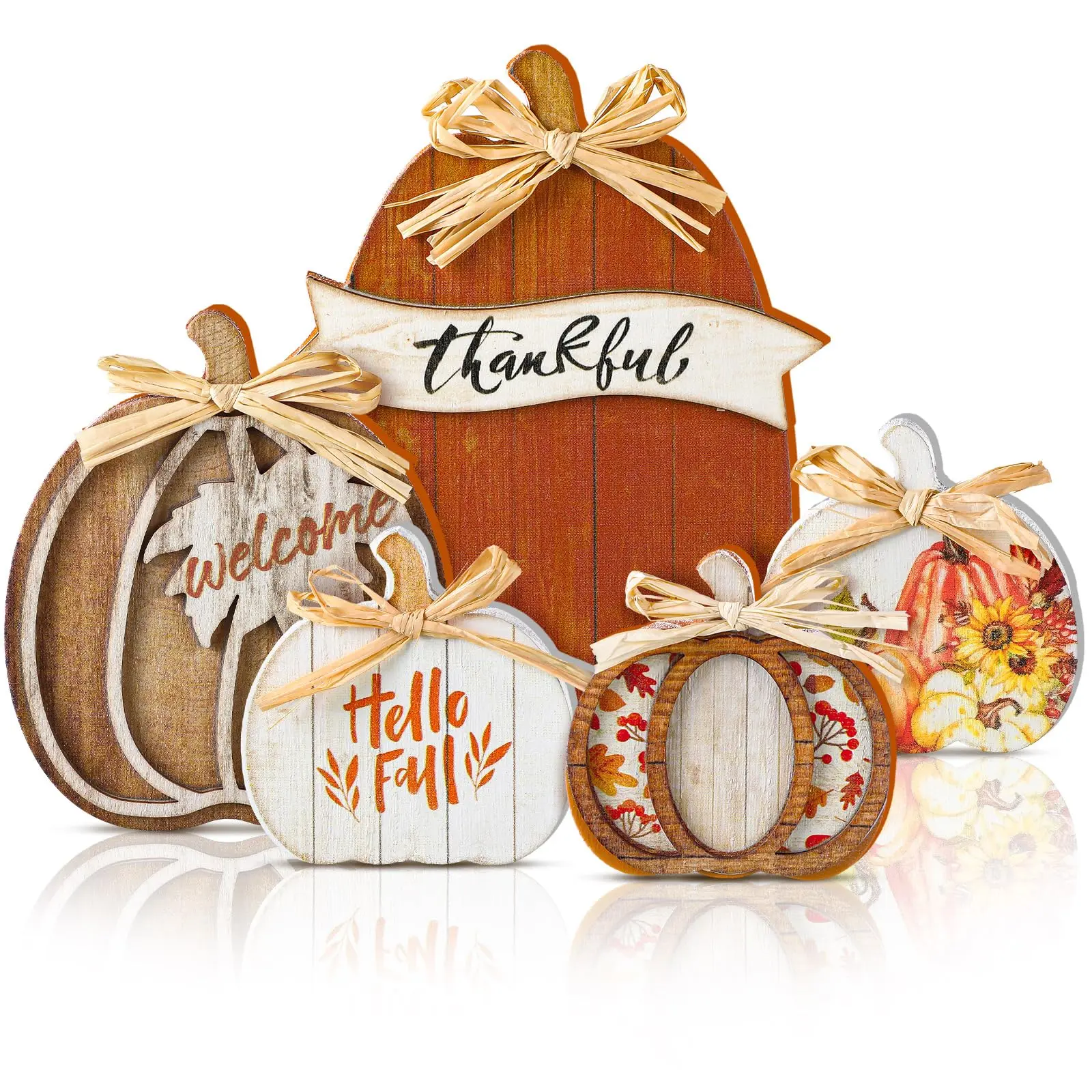 5 Pcs Fall Brown Pumpkin Decor for Home Pumpkin Wooden Table Centerpiece | Fall Wooden Signs Brown Pumpkin Table Centerpiece Decor for Autumn Thanksgiving Farmhouse Kitchen Tiered Tray Mantle Tabletop
