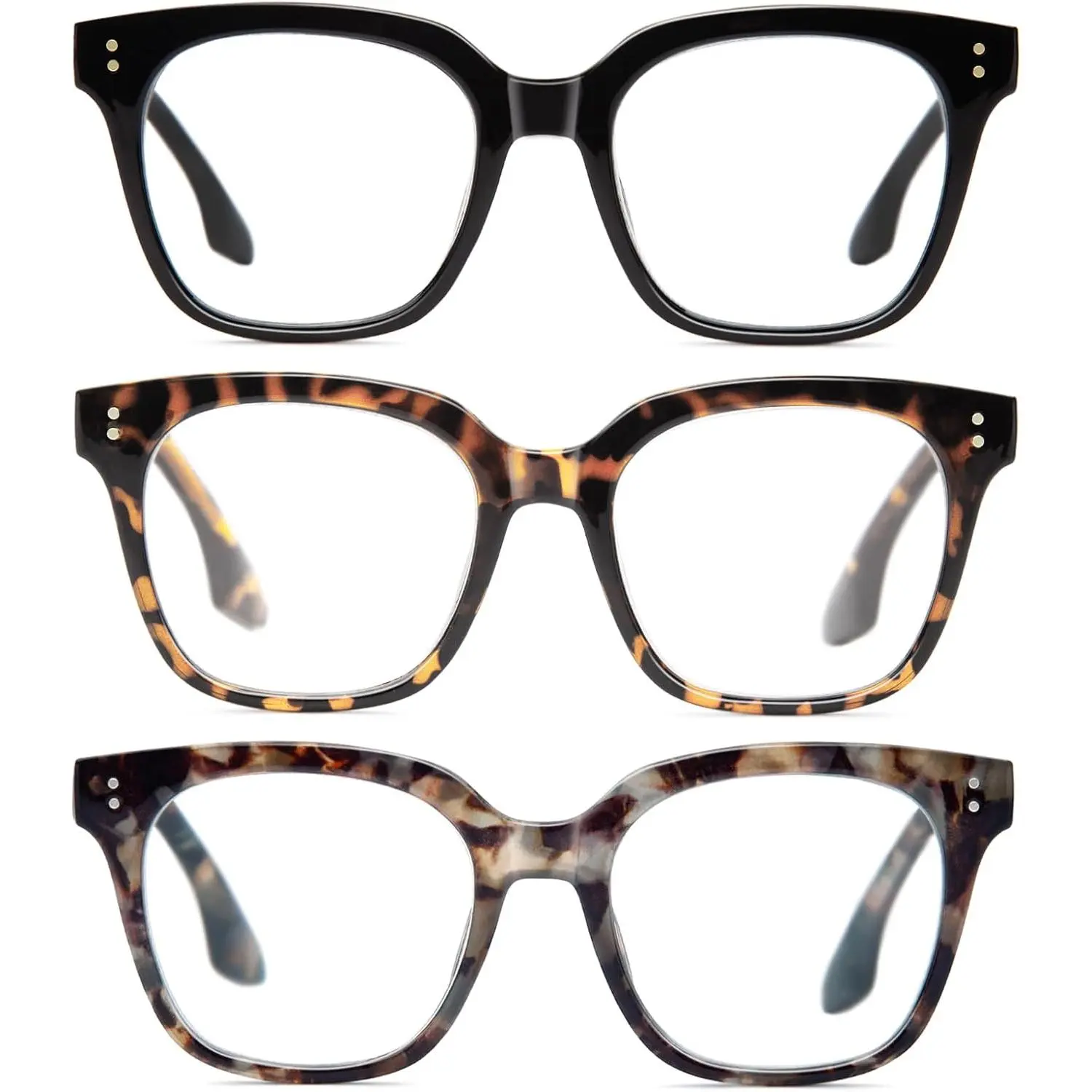 Women's Oprah-Style Square Eyed Glasses - Adjustable Frame Glasses, Blue Light Blocking Lens, Spring Hinge, Black&Tortoiseshell&Blue Tortoiseshell Statement Frames for Computer Work