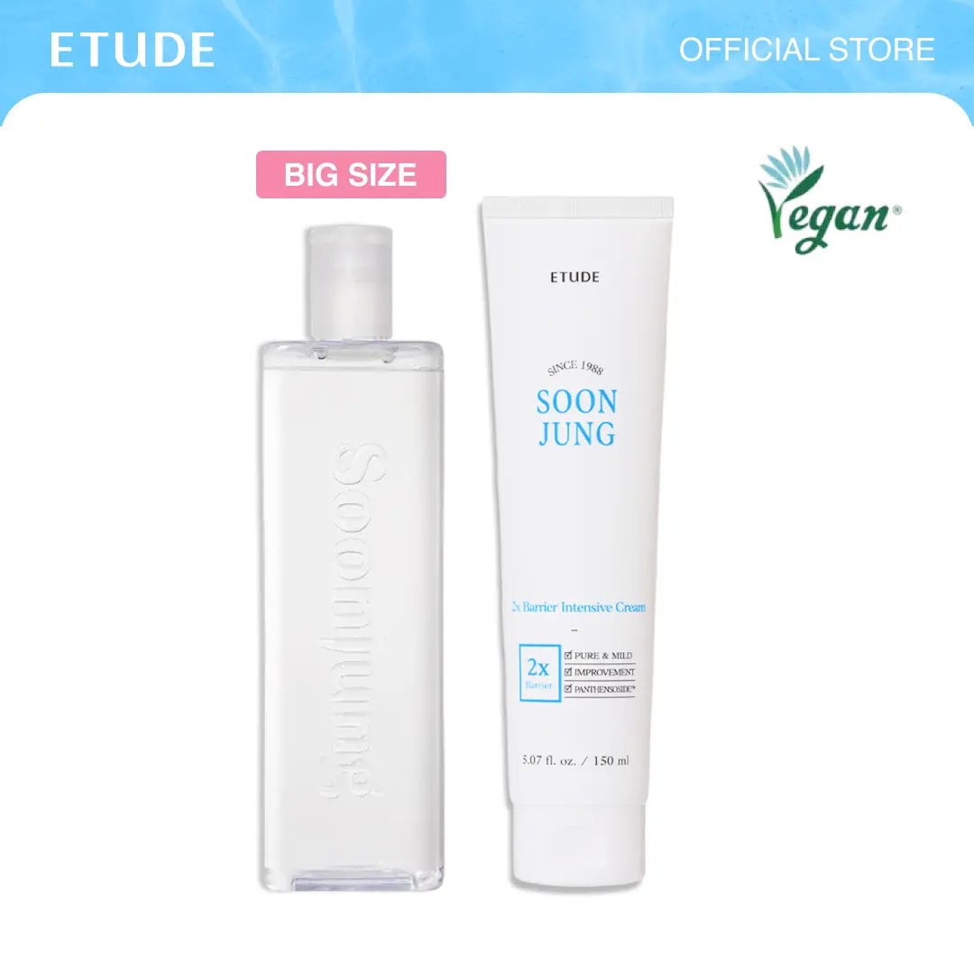 [ETUDE Official] Soonjung Best Skincare Set (Large Size ver.)| pH5.5 Relief Toner 16.9 fl oz (500ml)+2x Barrier Intensive Cream 5.07 fl oz (150ml) | Panthenol, Madecassoside | Soothes dry skin | Strengthens skin | Vegan Skincare